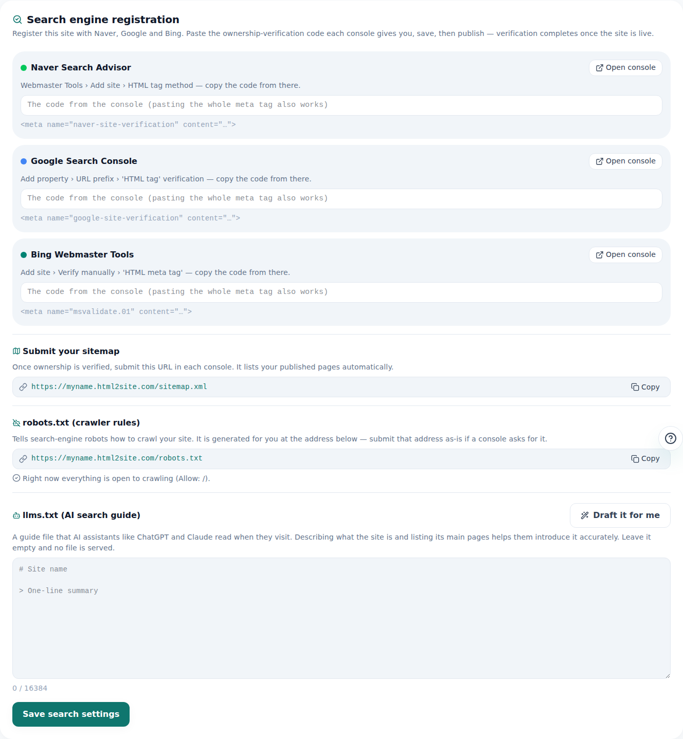 The Search registration tab in Site settings — verification code fields for Naver, Google and Bing, plus the sitemap, robots and llms.txt addresses